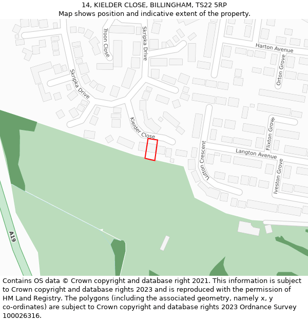 14, KIELDER CLOSE, BILLINGHAM, TS22 5RP: Location map and indicative extent of plot