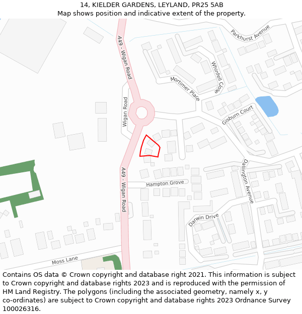 14, KIELDER GARDENS, LEYLAND, PR25 5AB: Location map and indicative extent of plot