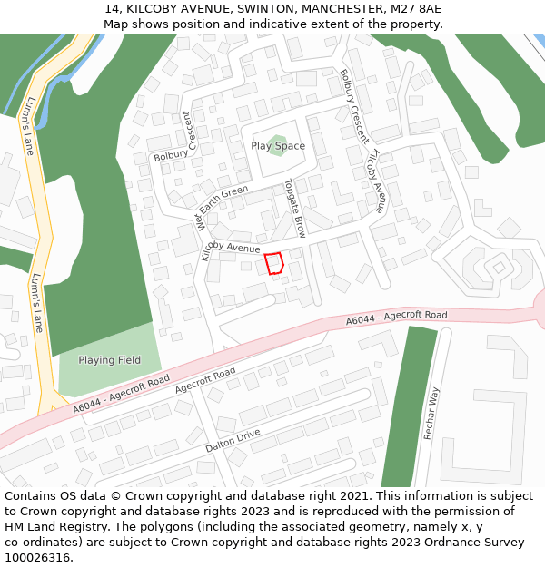14, KILCOBY AVENUE, SWINTON, MANCHESTER, M27 8AE: Location map and indicative extent of plot