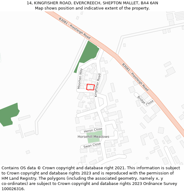 14, KINGFISHER ROAD, EVERCREECH, SHEPTON MALLET, BA4 6AN: Location map and indicative extent of plot