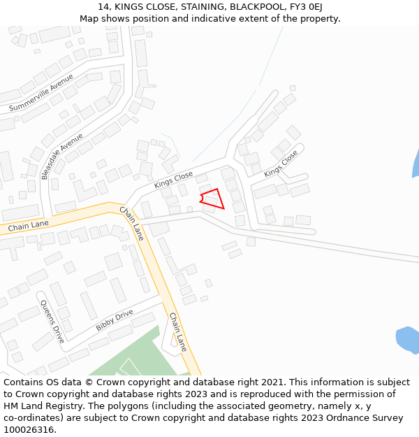 14, KINGS CLOSE, STAINING, BLACKPOOL, FY3 0EJ: Location map and indicative extent of plot