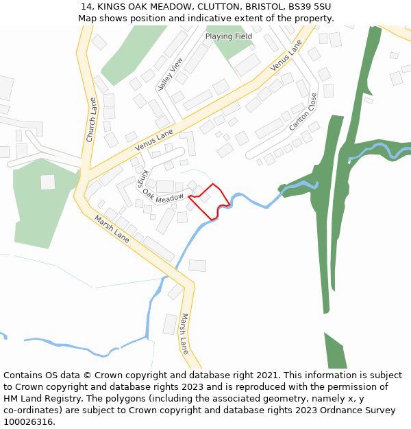 14, KINGS OAK MEADOW, CLUTTON, BRISTOL, BS39 5SU: Location map and indicative extent of plot