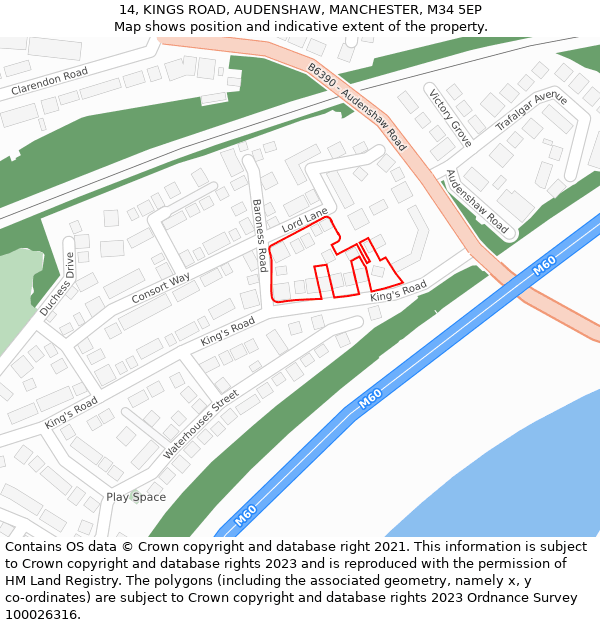 14, KINGS ROAD, AUDENSHAW, MANCHESTER, M34 5EP: Location map and indicative extent of plot