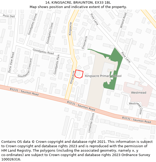 14, KINGSACRE, BRAUNTON, EX33 1BL: Location map and indicative extent of plot