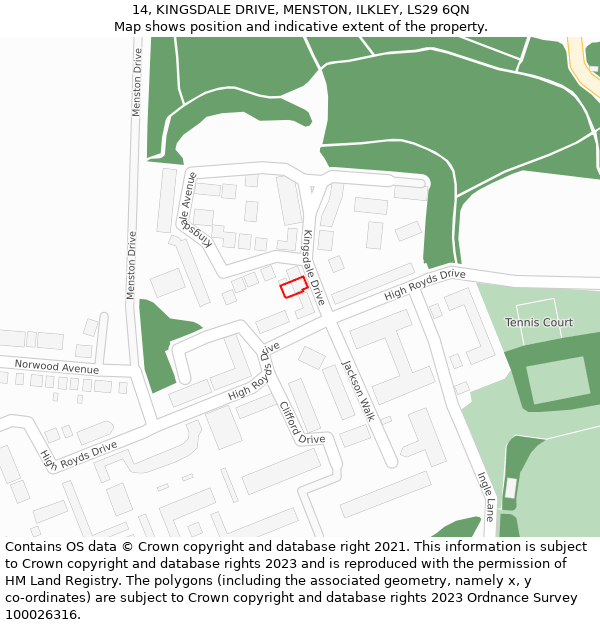 14, KINGSDALE DRIVE, MENSTON, ILKLEY, LS29 6QN: Location map and indicative extent of plot