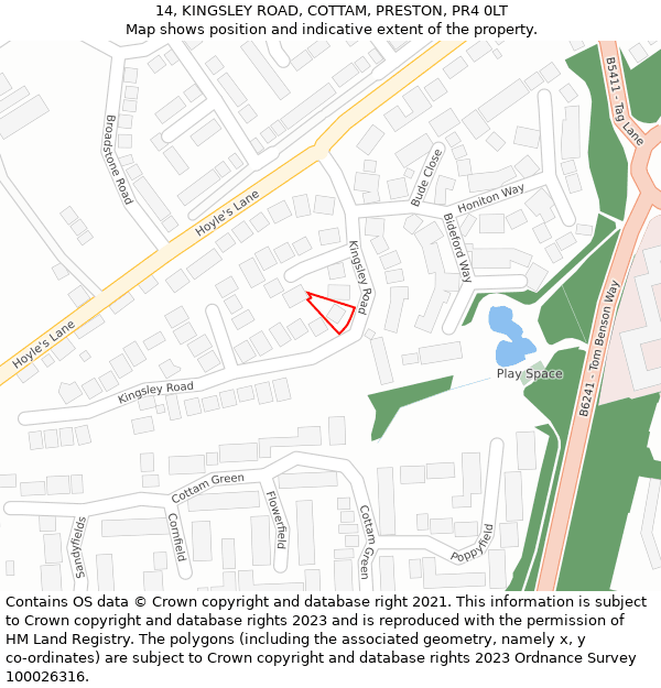 14, KINGSLEY ROAD, COTTAM, PRESTON, PR4 0LT: Location map and indicative extent of plot