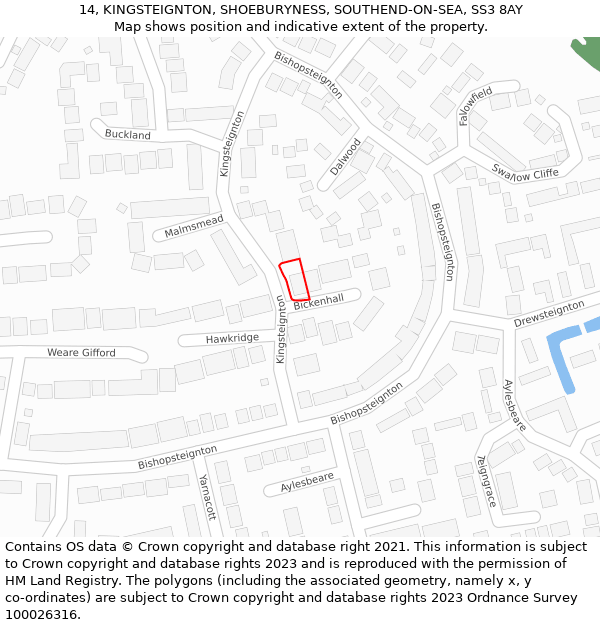 14, KINGSTEIGNTON, SHOEBURYNESS, SOUTHEND-ON-SEA, SS3 8AY: Location map and indicative extent of plot