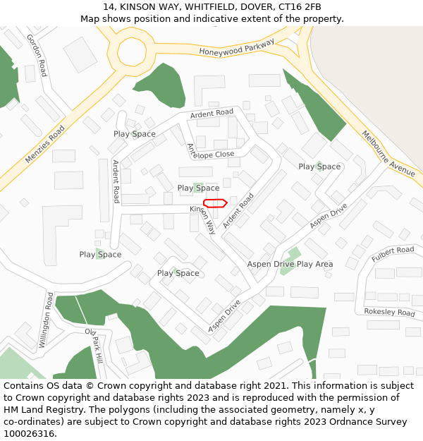 14, KINSON WAY, WHITFIELD, DOVER, CT16 2FB: Location map and indicative extent of plot