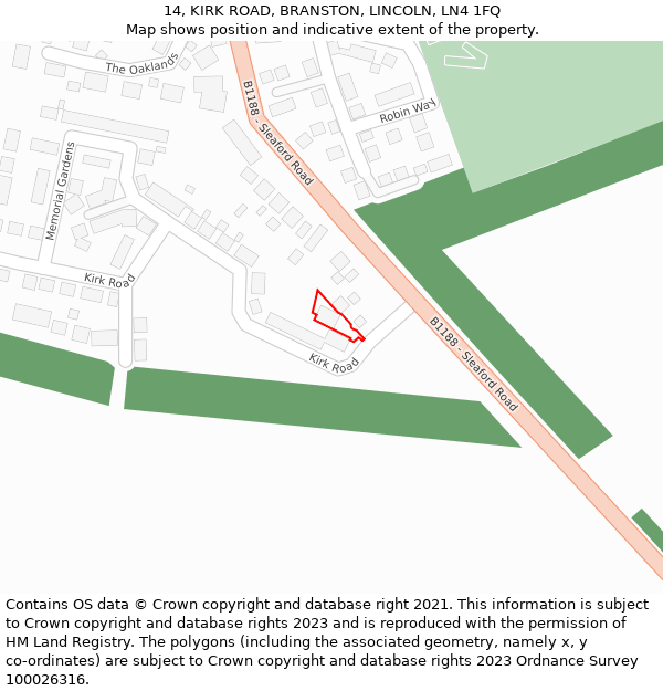 14, KIRK ROAD, BRANSTON, LINCOLN, LN4 1FQ: Location map and indicative extent of plot