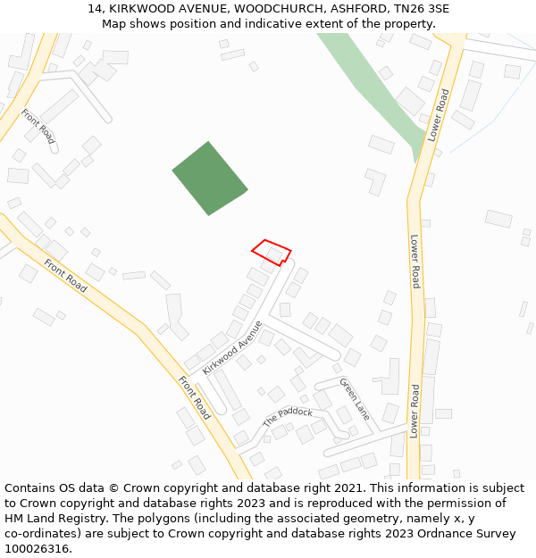 14, KIRKWOOD AVENUE, WOODCHURCH, ASHFORD, TN26 3SE: Location map and indicative extent of plot