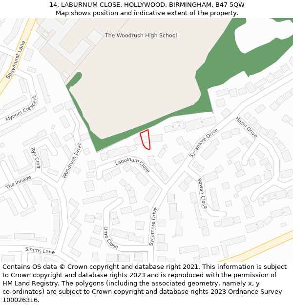 14, LABURNUM CLOSE, HOLLYWOOD, BIRMINGHAM, B47 5QW: Location map and indicative extent of plot