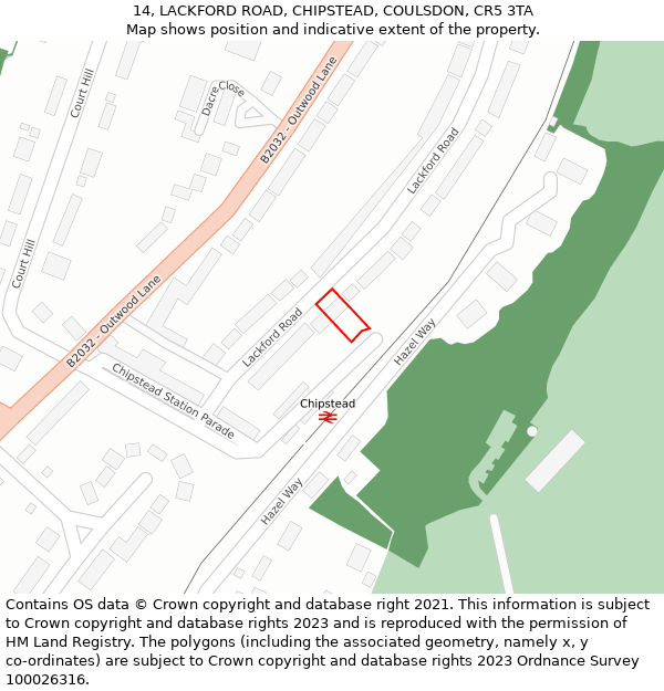 14, LACKFORD ROAD, CHIPSTEAD, COULSDON, CR5 3TA: Location map and indicative extent of plot