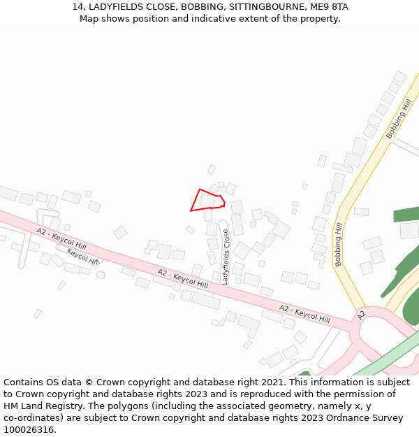 14, LADYFIELDS CLOSE, BOBBING, SITTINGBOURNE, ME9 8TA: Location map and indicative extent of plot