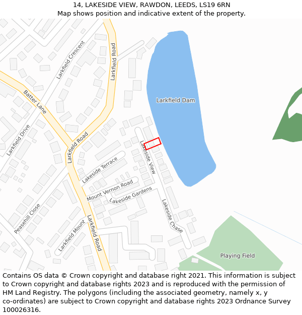 14, LAKESIDE VIEW, RAWDON, LEEDS, LS19 6RN: Location map and indicative extent of plot