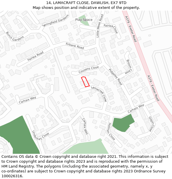 14, LAMACRAFT CLOSE, DAWLISH, EX7 9TD: Location map and indicative extent of plot