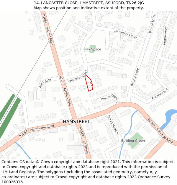 14, LANCASTER CLOSE, HAMSTREET, ASHFORD, TN26 2JG: Location map and indicative extent of plot