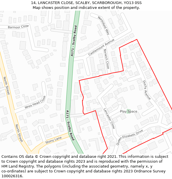 14, LANCASTER CLOSE, SCALBY, SCARBOROUGH, YO13 0SS: Location map and indicative extent of plot