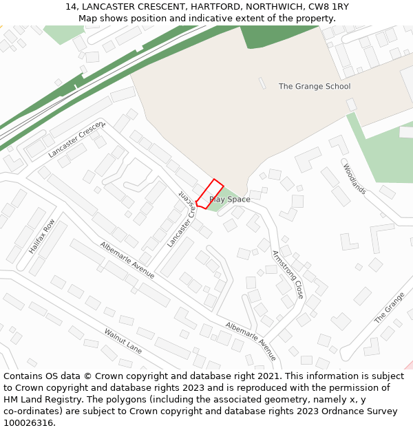 14, LANCASTER CRESCENT, HARTFORD, NORTHWICH, CW8 1RY: Location map and indicative extent of plot