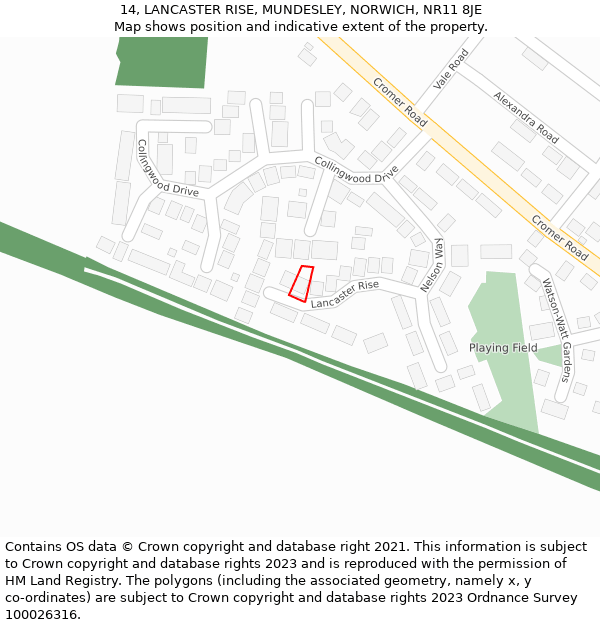 14, LANCASTER RISE, MUNDESLEY, NORWICH, NR11 8JE: Location map and indicative extent of plot