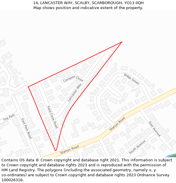 14, LANCASTER WAY, SCALBY, SCARBOROUGH, YO13 0QH: Location map and indicative extent of plot