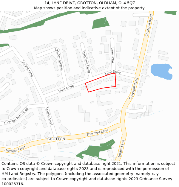 14, LANE DRIVE, GROTTON, OLDHAM, OL4 5QZ: Location map and indicative extent of plot