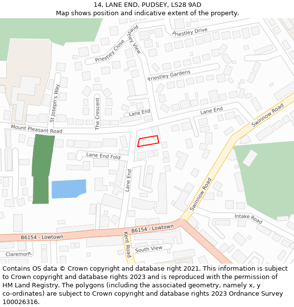 14, LANE END, PUDSEY, LS28 9AD: Location map and indicative extent of plot