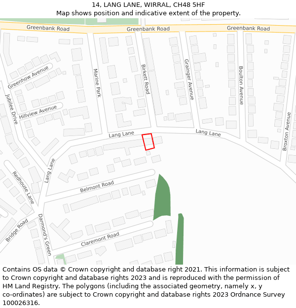 14, LANG LANE, WIRRAL, CH48 5HF: Location map and indicative extent of plot