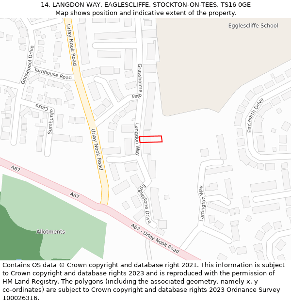 14, LANGDON WAY, EAGLESCLIFFE, STOCKTON-ON-TEES, TS16 0GE: Location map and indicative extent of plot