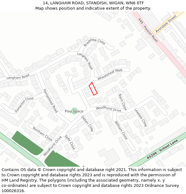 14, LANGHAM ROAD, STANDISH, WIGAN, WN6 0TF: Location map and indicative extent of plot