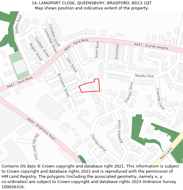 14, LANGPORT CLOSE, QUEENSBURY, BRADFORD, BD13 1QT: Location map and indicative extent of plot
