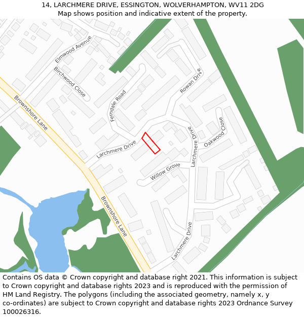 14, LARCHMERE DRIVE, ESSINGTON, WOLVERHAMPTON, WV11 2DG: Location map and indicative extent of plot