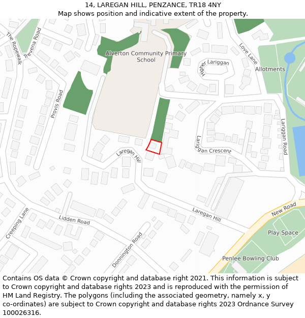 14, LAREGAN HILL, PENZANCE, TR18 4NY: Location map and indicative extent of plot