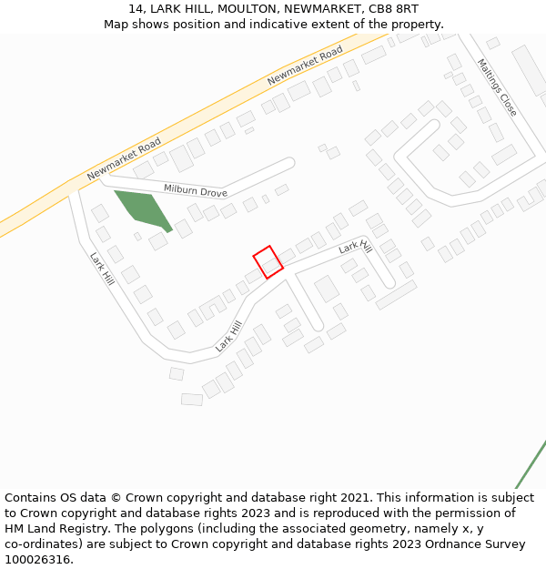 14, LARK HILL, MOULTON, NEWMARKET, CB8 8RT: Location map and indicative extent of plot