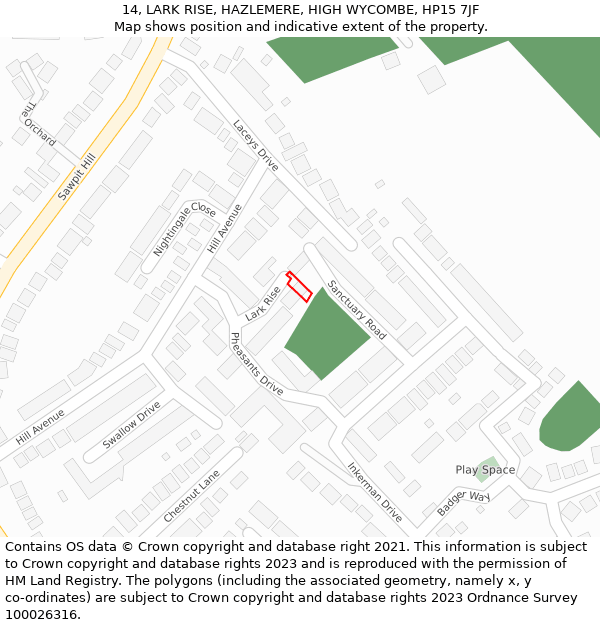 14, LARK RISE, HAZLEMERE, HIGH WYCOMBE, HP15 7JF: Location map and indicative extent of plot