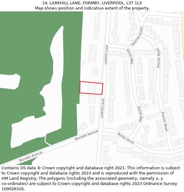 14, LARKHILL LANE, FORMBY, LIVERPOOL, L37 1LX: Location map and indicative extent of plot