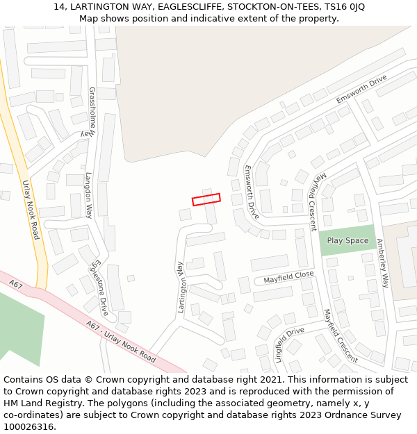 14, LARTINGTON WAY, EAGLESCLIFFE, STOCKTON-ON-TEES, TS16 0JQ: Location map and indicative extent of plot