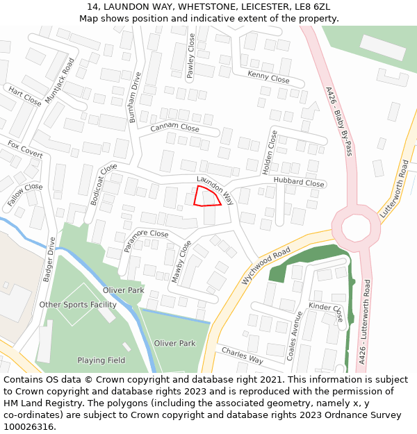 14, LAUNDON WAY, WHETSTONE, LEICESTER, LE8 6ZL: Location map and indicative extent of plot