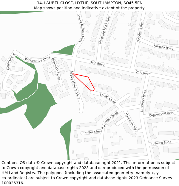 14, LAUREL CLOSE, HYTHE, SOUTHAMPTON, SO45 5EN: Location map and indicative extent of plot