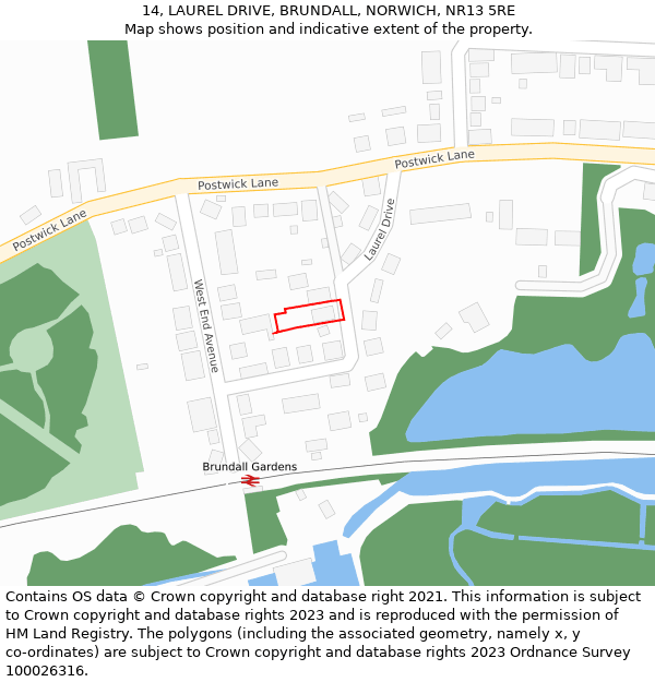 14, LAUREL DRIVE, BRUNDALL, NORWICH, NR13 5RE: Location map and indicative extent of plot