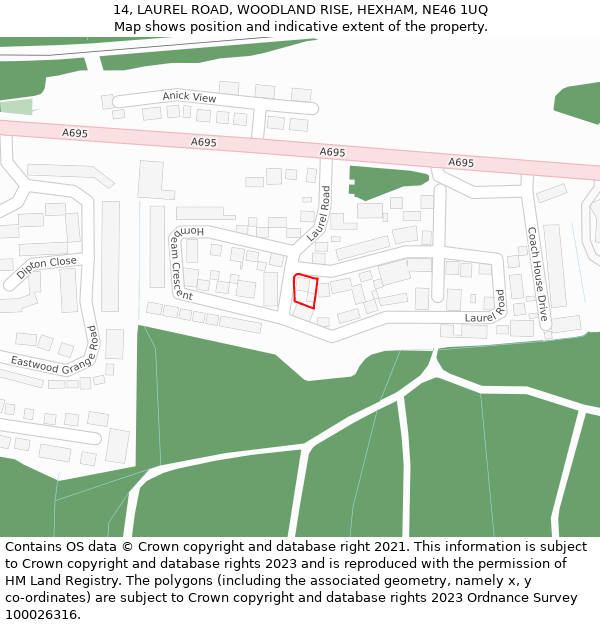 14, LAUREL ROAD, WOODLAND RISE, HEXHAM, NE46 1UQ: Location map and indicative extent of plot
