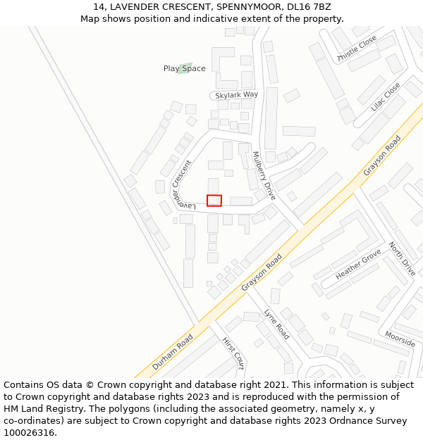 14, LAVENDER CRESCENT, SPENNYMOOR, DL16 7BZ: Location map and indicative extent of plot