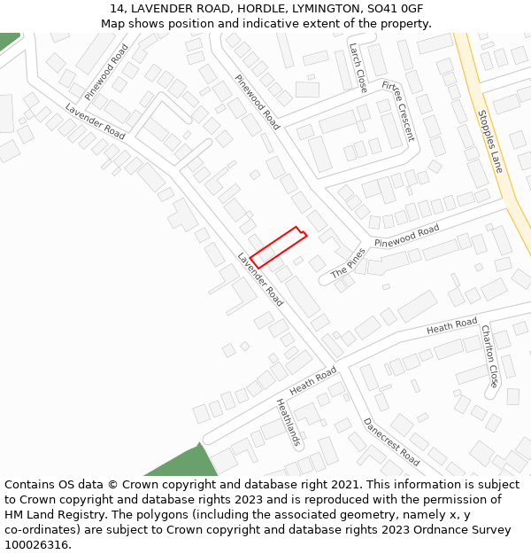 14, LAVENDER ROAD, HORDLE, LYMINGTON, SO41 0GF: Location map and indicative extent of plot