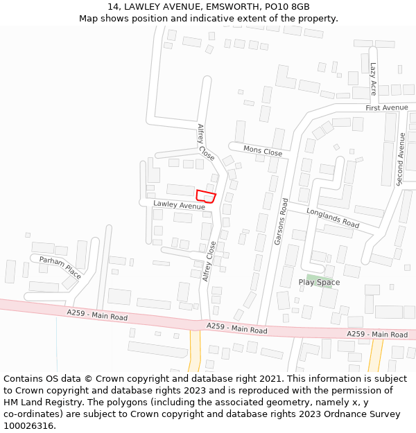 14, LAWLEY AVENUE, EMSWORTH, PO10 8GB: Location map and indicative extent of plot