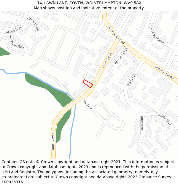 14, LAWN LANE, COVEN, WOLVERHAMPTON, WV9 5AX: Location map and indicative extent of plot