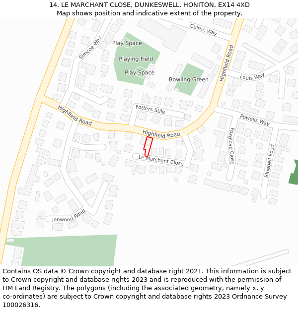 14, LE MARCHANT CLOSE, DUNKESWELL, HONITON, EX14 4XD: Location map and indicative extent of plot