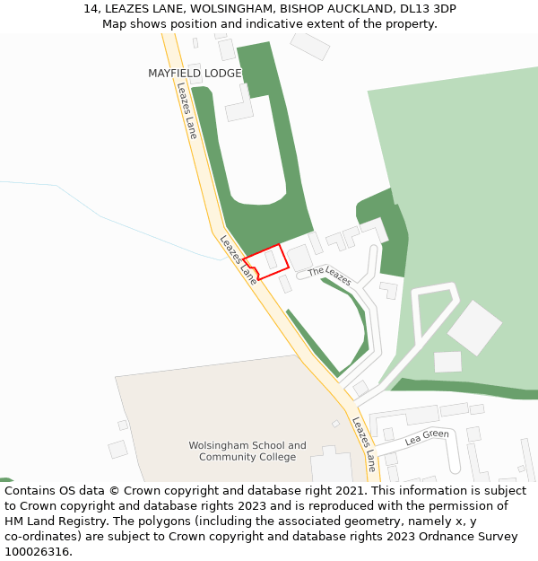 14, LEAZES LANE, WOLSINGHAM, BISHOP AUCKLAND, DL13 3DP: Location map and indicative extent of plot