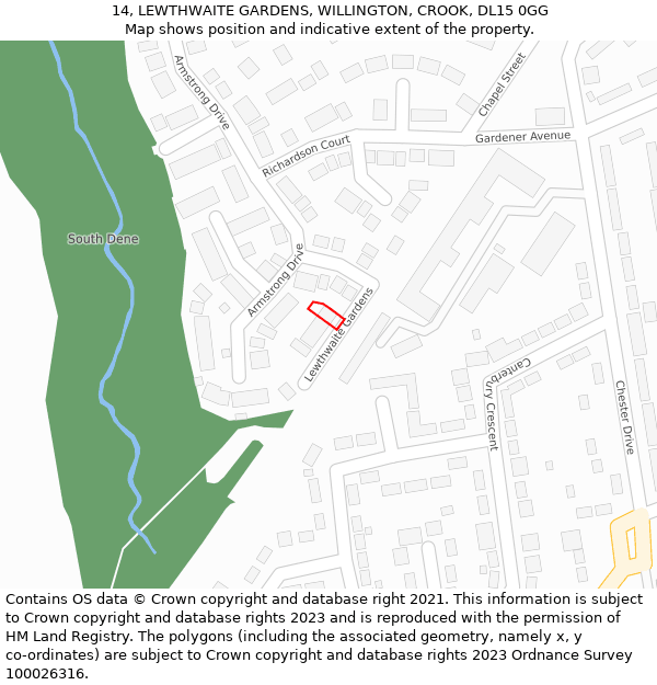 14, LEWTHWAITE GARDENS, WILLINGTON, CROOK, DL15 0GG: Location map and indicative extent of plot