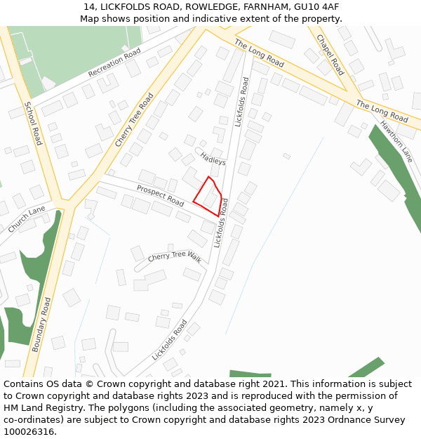14, LICKFOLDS ROAD, ROWLEDGE, FARNHAM, GU10 4AF: Location map and indicative extent of plot
