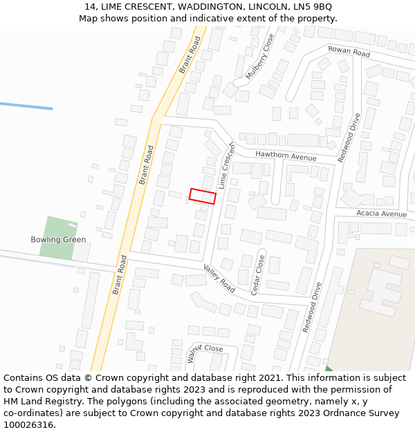 14, LIME CRESCENT, WADDINGTON, LINCOLN, LN5 9BQ: Location map and indicative extent of plot