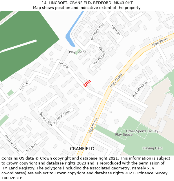 14, LINCROFT, CRANFIELD, BEDFORD, MK43 0HT: Location map and indicative extent of plot